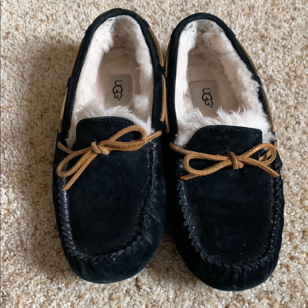 UGG Black Suede Moccasins with Fur Lining